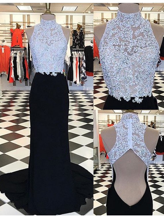 Prom Dresses,evening Dress,party Dresses,glamorous High Neck Open Back Sweep Train Black Sheath Prom Dress With Appliques Beading