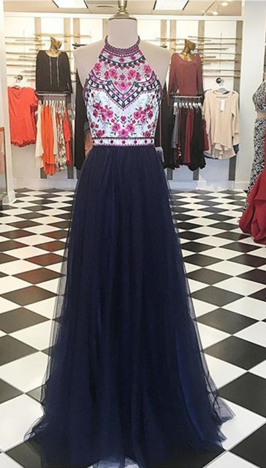 Prom Dresses,evening Dress,party Dresses,modern Halter Floor-length Navy Blue Prom Dress With Embroidery Beading