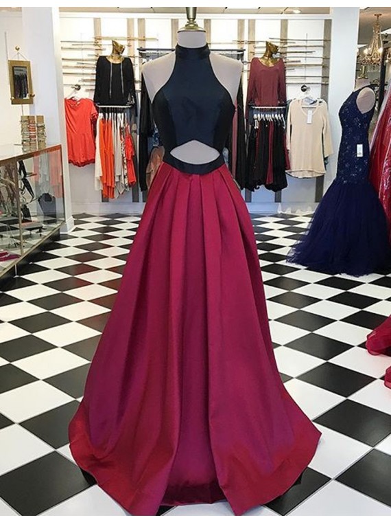 Prom Dresses,evening Dress,party Dresses,sexy Halter Sleeveless Floor-length Burgundy A-line Prom Dress With Pleats
