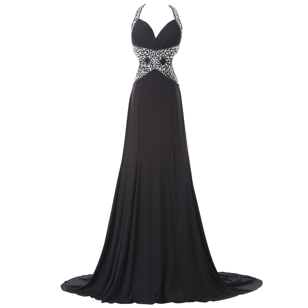 Black Floor Length Chiffon A-Line Prom Dress Featuring Beaded ...