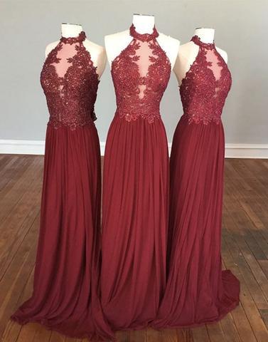 Long Prom Dresses, 2017 Prom Dresses, Halter Prom Dresses, Dark Red Prom Dresses, Lace Prom Dress, Chiffon Prom Dress, Long Party Gown, Prom