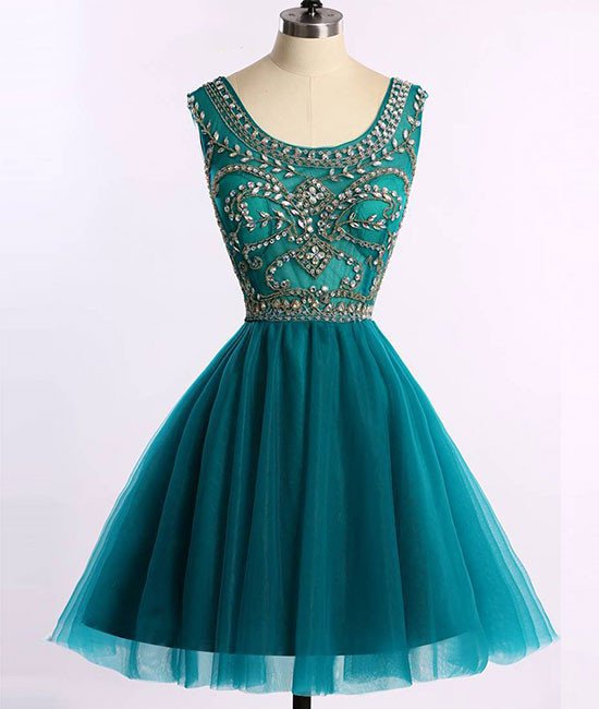 Green Short Tulle A-line Homecoming Dress Featuring Beaded Embellished Sleeveless Scoop Neckline Bodice