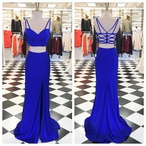 Two Pieces Royal Blue Prom Dresses, Sexy Side Slit Satin Prom Dresses, Long Prom Dresses, Prom Dresses, 2017 Prom Dresses, Prom Dresses