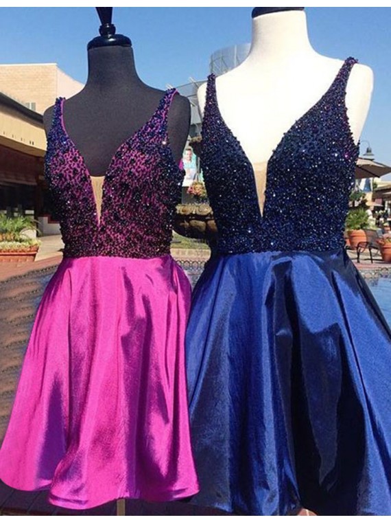 Modern V-neck Rose Pink/royal Blue Short Prom Homecoming Dress With Beading,homecoming Dresses