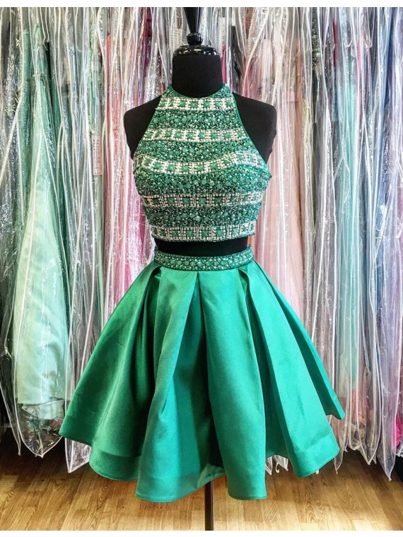 Chic Halter Sleeveless Backless Short Turquoise Homecoming Dress With Beading Pleats, Homecoming Dresses