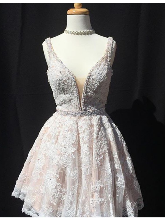 Chic Ivory V-neck Sleeveless Short A-line Lace Prom Dress With Beading