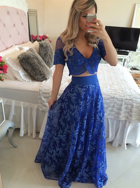 Elegant A-line V-neck 2 Piece Lace Short Sleeves Appliques Royal Blue Prom Evening Dress