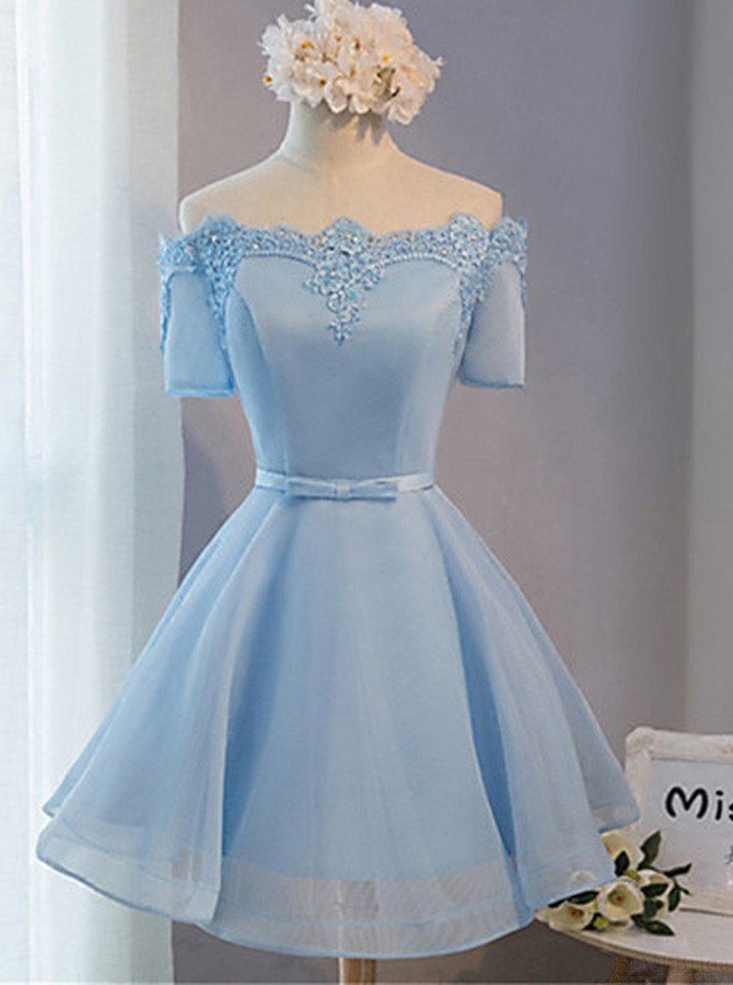 Elegant A-line Off-the-shoulder Above-knee Blue Tulle Homecoming Dress With Appliques,homecoming Dresses
