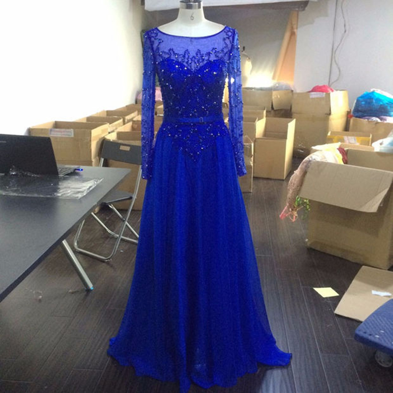 Royal Blue Floor Length Chiffon Prom Dress 2025, Featuring Beaded Bodice with Sheer Bateau Neckline and Long Sleeve