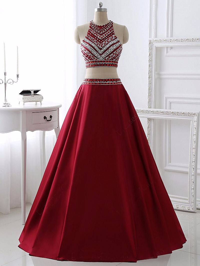 Two Pieces Prom Dress ,brilliant With Rhinestone Prom Dresses ,2017 Fashion Sashes A-line Evening Party Prom Dresses