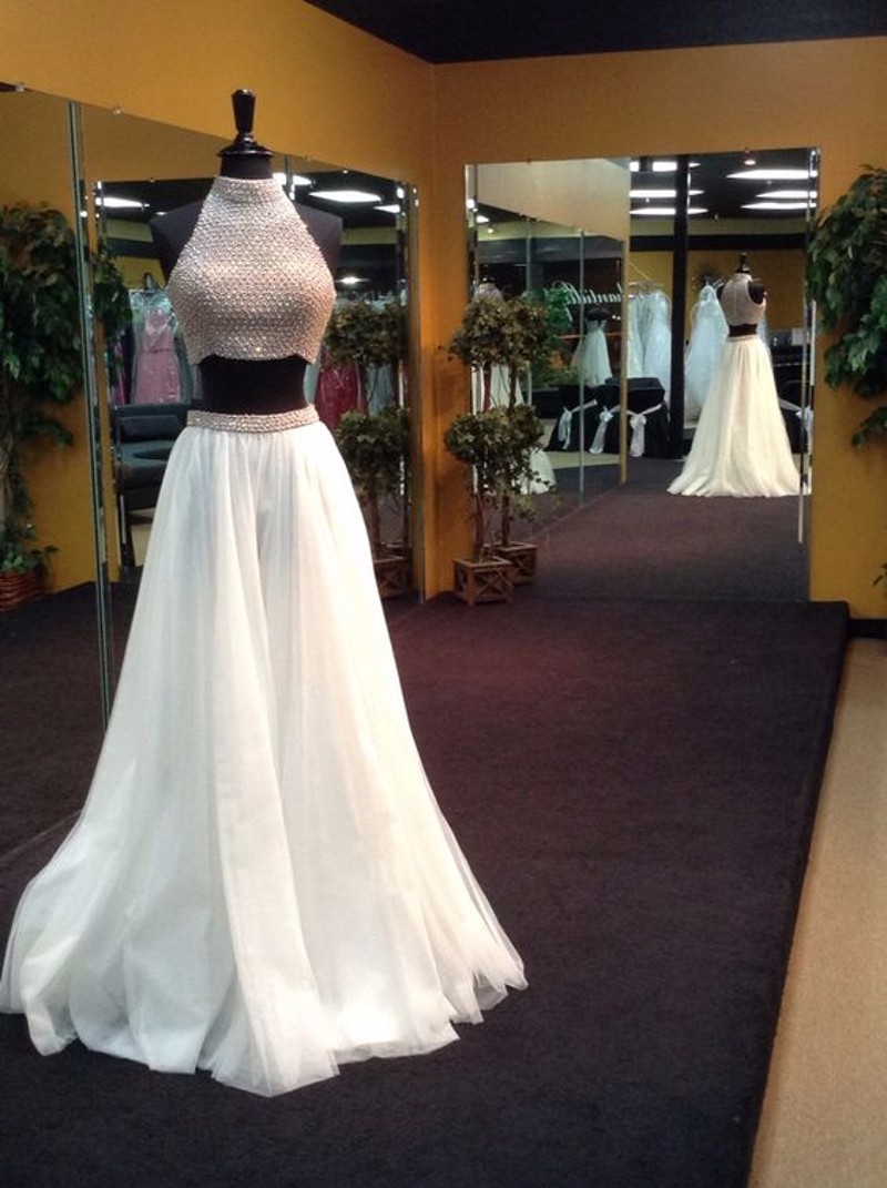 Sleeveless High Neck Handmade Crystal Beads White Prom Dress ,long For Graduation Chiffon Two Pieces Prom Dresses