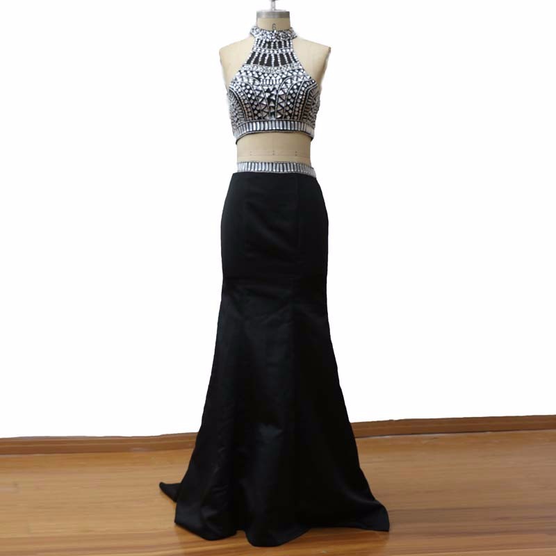 Sexy Crystal Beaded Two Piece Prom Dresses ,mermaid Halter Backless Evening Party Dress, Real Images High Quality Prom Party Gown