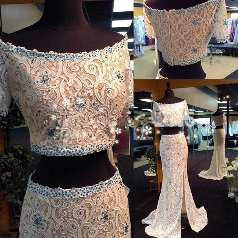 Sexy Mermaid Boat Neck Prom Dresses 2 Piece Real Images Short Sleeve Lace Prom Dress 2017party Gown With Beadings