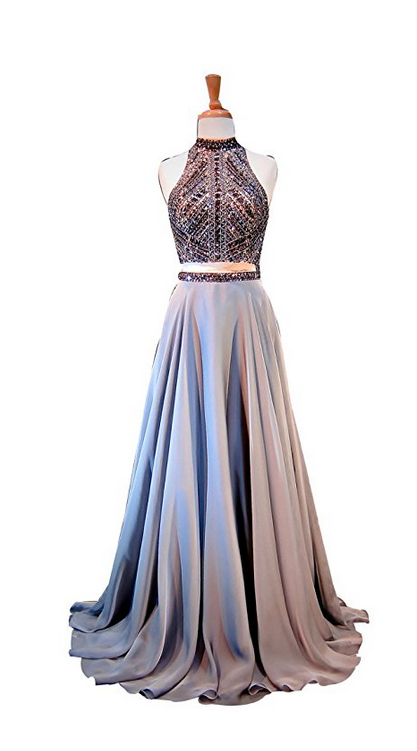 high neck open back gown