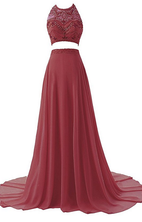 Two Pieces Illusion Neck Beaded Crystals Chiffon Prom Dress