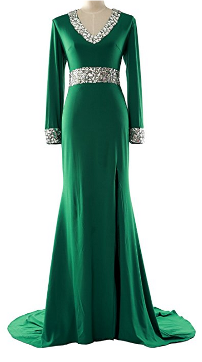 Long Sleeve Mother Of The Bride Dress V Neck Formal Evening Gown