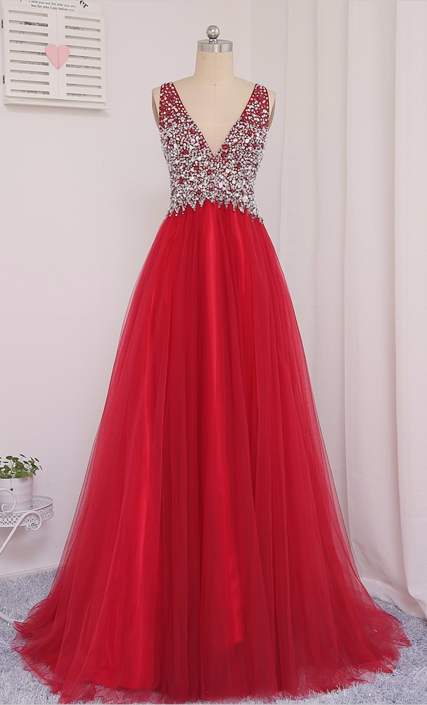 Prom Dress,long Prom Dresses,tulle Prom Dress,red A-line V-neck Floor-length Beaded Crystal Prom Dresses Vestido De Festa Evening Gowns