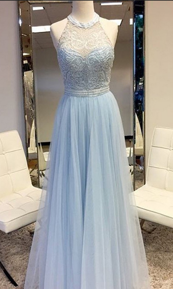 Prom Dress,long Prom Dresses,tulle Prom Dress, Elegant Round Neck Sleeveless Floor Length Silver Prom Dress With Lace Beading