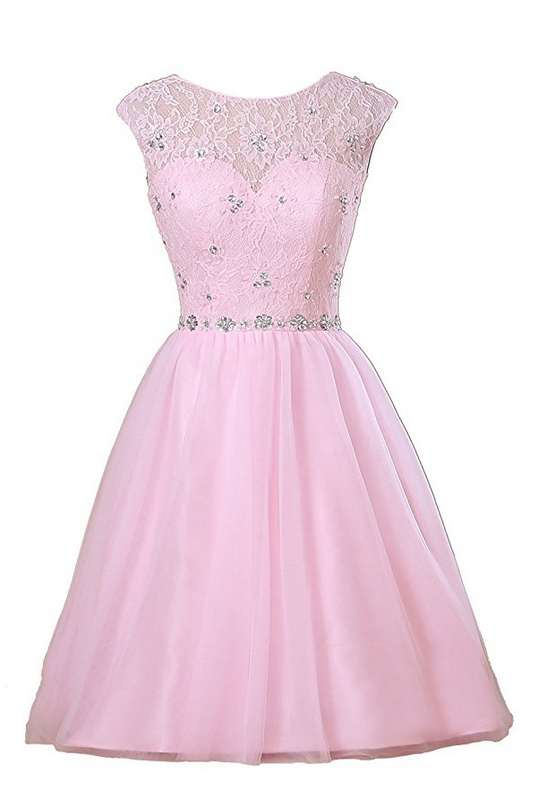 Sheer Neck Short Lace Prom Dresses Party Dresses With Rhinestones