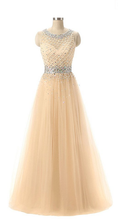 A-line Scoop Neck Floor Length Tulle Prom Dress With Beading Prom Dresses