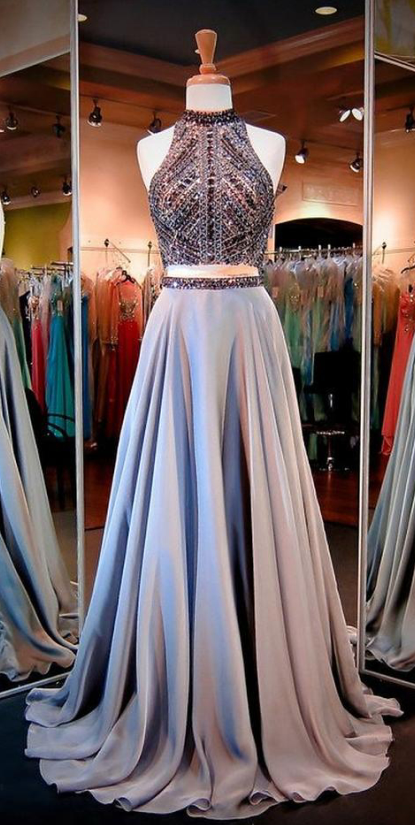 A-line Prom Dresses Women's Halter Crystals Sequins Beaded Open Back Two Pieces Long Prom Dress Party Dresses