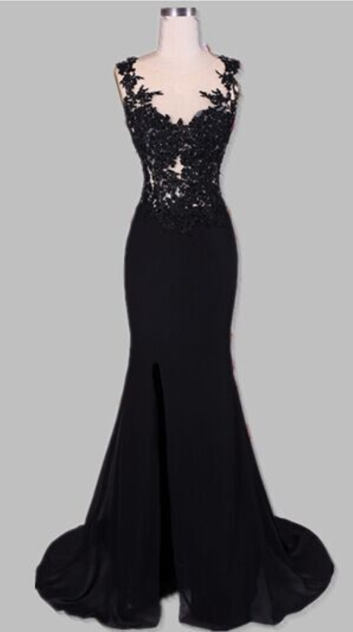 Black Sexy Evening Dresses Mermaid Sheer Scoop Appliques Backless Side Slit Chiffon Long Women Formal Party Dresses Prom Gowns