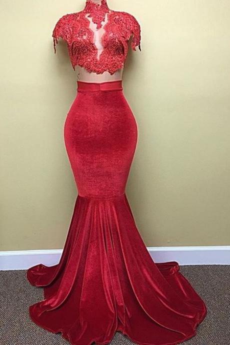 Prom Dresses,lace Prom Dress,red Long Floor Length Prom Dress 2 Pieces Evening Gowns
