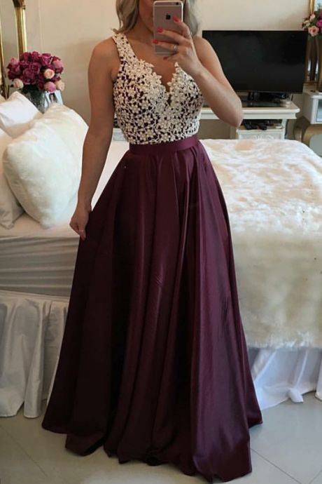Burgundy Long Prom Dress With Lace Appliques, Wine Red Prom Gowns,lace Party Dresses