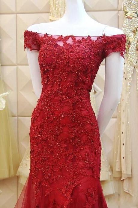 Prom Dress,burgundy Long Floor Length Prom Dress Mermaid Lace Evening Gowns