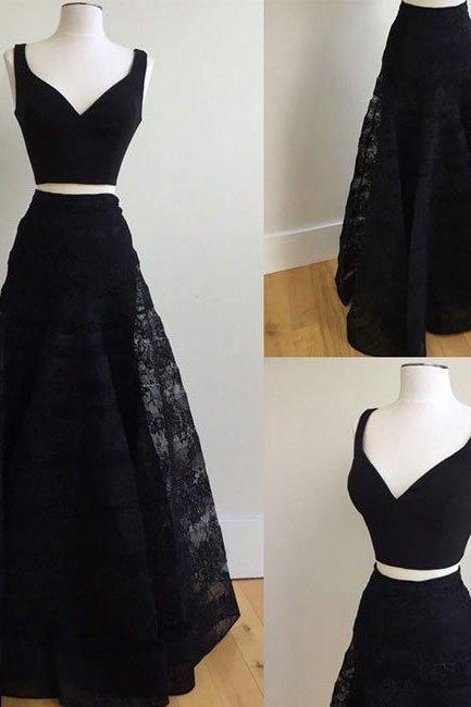 2 Pieces Party Dresses,black Evening Gowns,lace Formal Dress For Teens