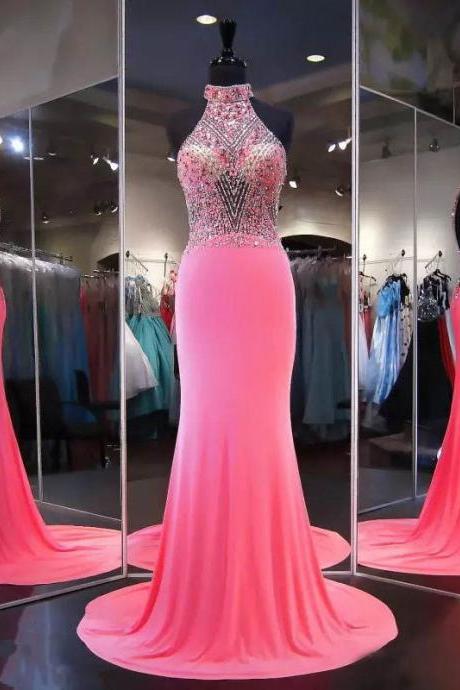 Prom Dress,mermaid Prom Dresses,halter Prom Dresses,super Pink Prom Dresses,chiffon Prom Dresses
