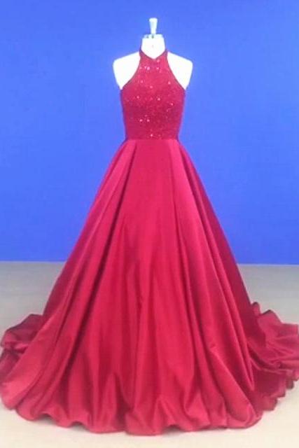 Red Halter Prom Dress,long Prom Dress,beading Prom Dress,sexy Evening Dress