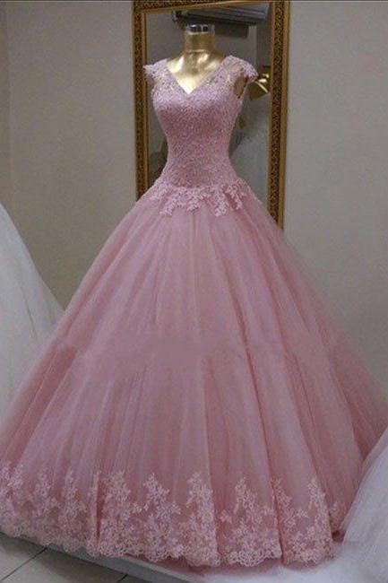 Elegant Prom Dress, Tulle Appliques Ball Gown Evening Dress,long Evening Dresses,appliques Prom Dresses