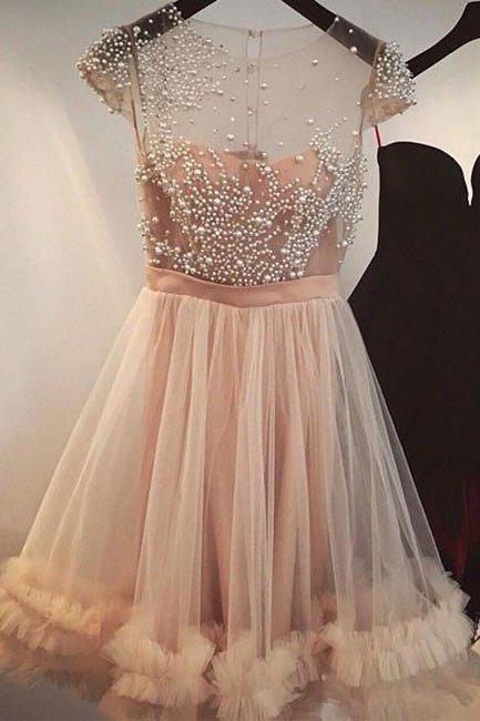 Elegant Prom Dress,tulle Prom Dress,pearls Prom Dresses, Short Homecoming Dress,homecoming Dresses