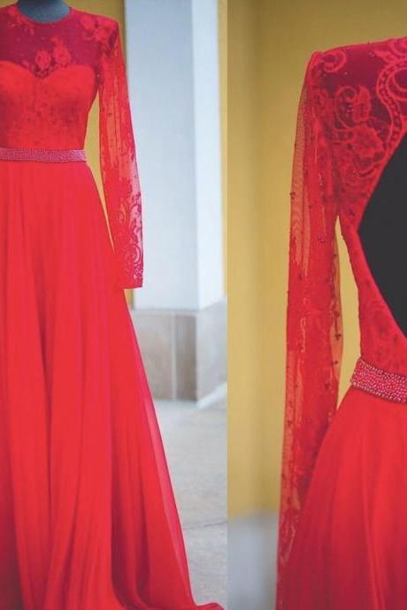 Lace Prom Dresses Wedding Party Dresses Formal Dresses Sweet 16 Dresses Banquet Dresses With Long Sleeves Beaded Belt