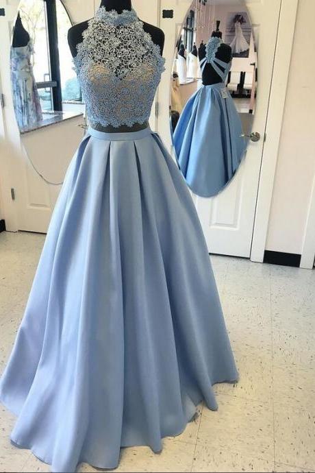 Two Piece Blue Prom Dresses Wedding Party Dresses Two Pieces Prom Dresses For Teens,lace Prom Dress,a-line Prom Dresses,satin Prom