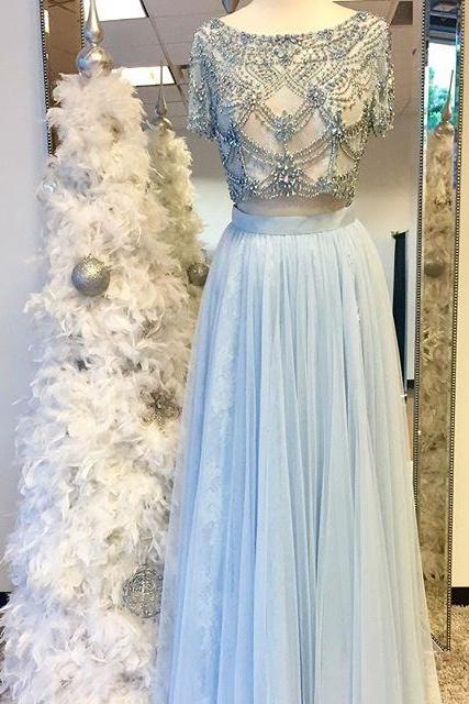 Prom Dresses Wedding Party Dressesblue Two Pieces Elegant Prom Dresses,prom Dresses For Teens,charming A-line Tulle Evening Dresses,beading
