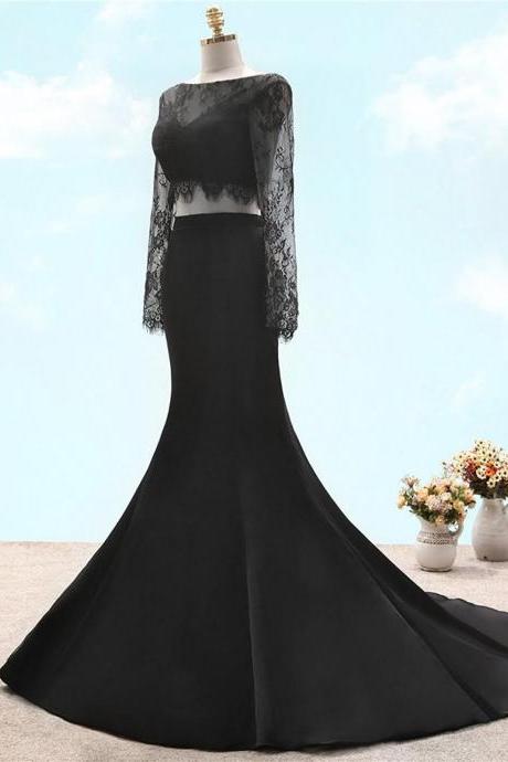 Long Sleeves Lace Sexy Prom Dress With V Back ,prom Dress,porm Dresses,prom Gowns,black Lace Prom Dresses,trumpet Prom Dresses,two-piece Prom