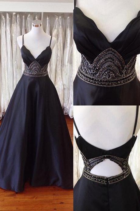 Prom Dresses Wedding Party Dresses Spaghetti Straps Open Back Sweep Train Black Prom Dress With Beading