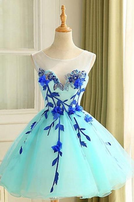 Ball Gown Scoop Short Mint Organza Homecoming Dress With Appliques Beading