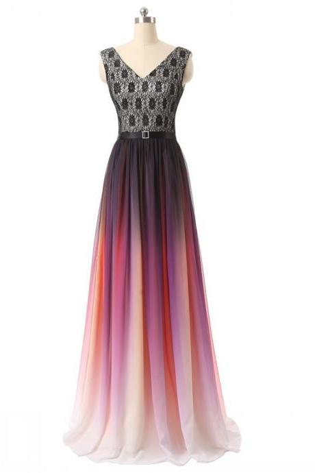 V Neck With Pleat Lace Long Chiffon A Line Gradient Ombre Evening Dresses Women Party Dress