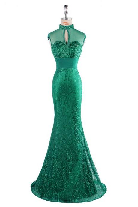 Longu Elegant Sheer Cap Sleeve Green Long Evening Dress Party Women Lace Mermaid Evening Gown Formal Dresses