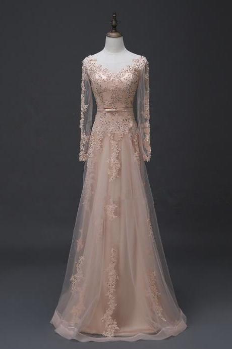 Real Photo See Through Long Evening Dress Long Sleeves Champagne Prom Evening Party Gowns