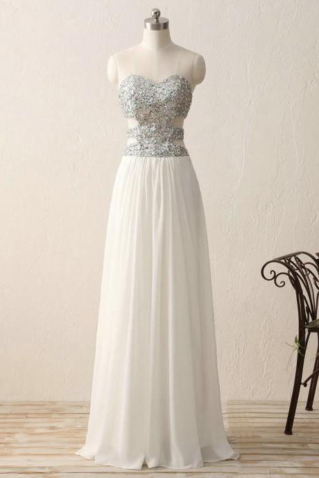 White Long Evening Dress Sweetheart Chiffon Beaded Crystal Backless Sparkly Formal Gowns