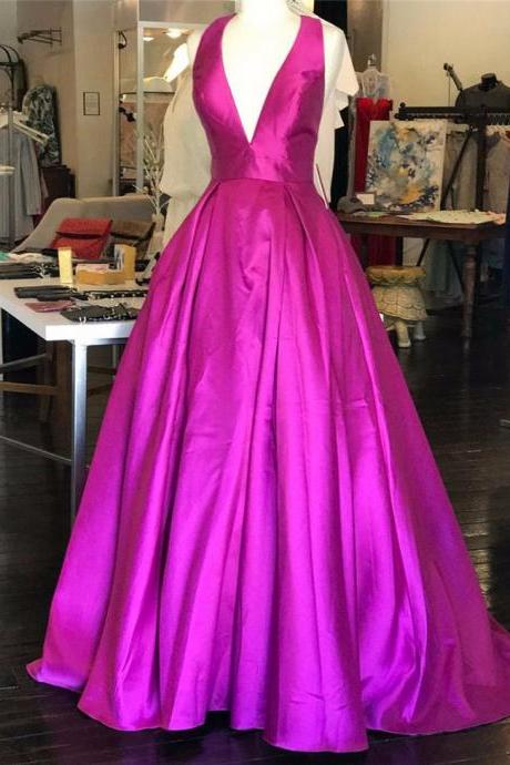 Party Dress Vestidos Longos De Festa Deep V-neck Pink Satin Long Evening Dress Women Prom Gowns