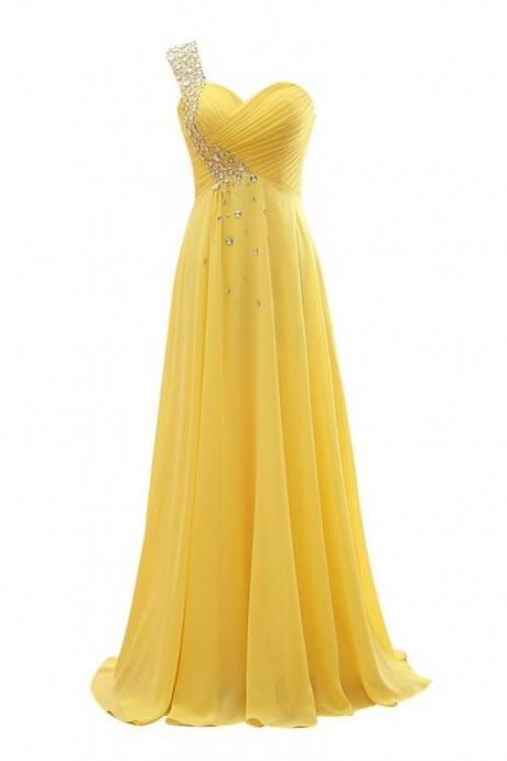 One Shoulder Yellow Prom Dresses Formal Party Dresses