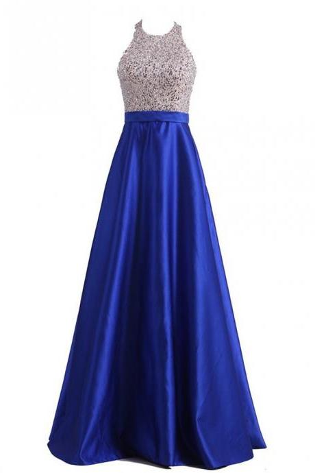 Longo Noite Casamento Real Pictures Royal Blue Satin Beaded Crystals Evening Long Dresses
