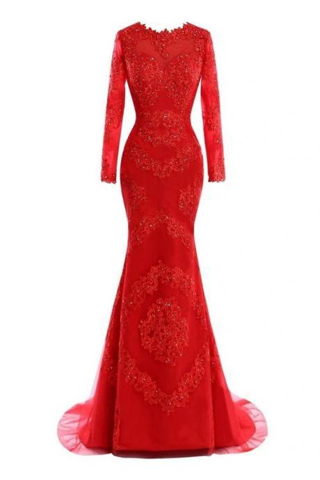 Evening Dress Real Picture Vestidos Longo Elegant Long Sleeve Red Prom Dresses Mermaid with Lace Appliqued
