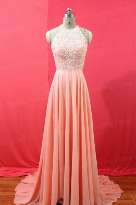 A Line Chiffon Evening Dress Long Backless Beaded Prom Gowns
