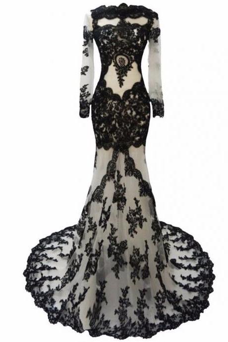 Longos Fashion Sexy See-through Black Lace Appliques Long Sleeved Evening Dresses